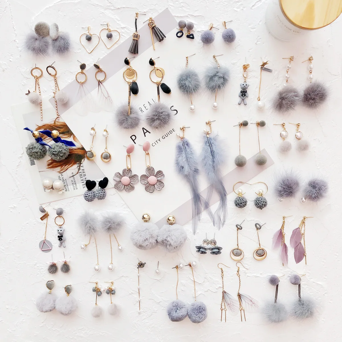 

Cool Gray Series Cute Hairy Feather Big Earrings Cute Bear Long Earrings Big Bead Geometric Korean Trendy Earrings Ins Eardrop