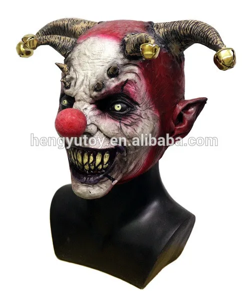 

ADULT JINGLE JANGLE EVIL DEMON JESTER CLOWN LATEX FULL MASK COSTUME