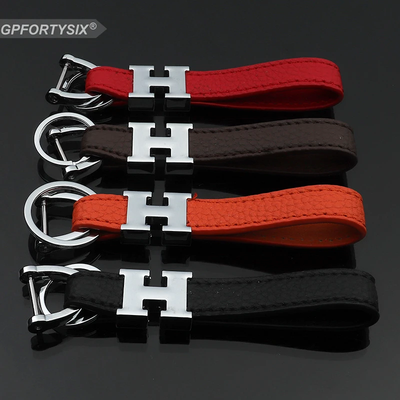 

4 Colors Metal Letter H Horseshoe Buckle Leather Keychain Litchi Leather Auto Key Chain Car Keyfob Keyholder for Honda Hyundai