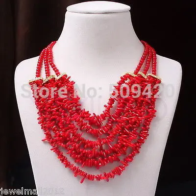 

W&O655 >>>>>Sweet red coral chip round bead multi row golden spacer necklace #@