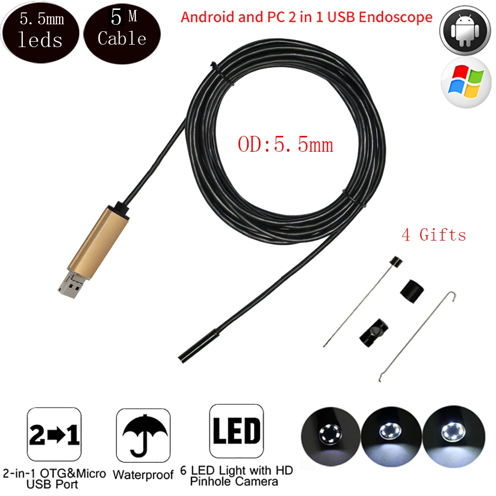 

5.5mm Len 5m Cable Micro Usb Endoscope Android Ip67 Waterproof Inspection Camera Snake Android Endoscope For OTG Phone PC 2 In 1