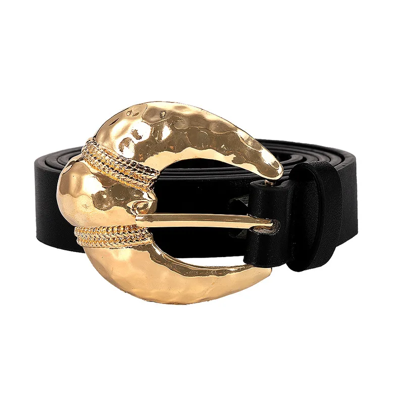 

LEADERBEADS 2019 Trendy ZA Gold Geometric Buckle PU Leather Belts Girl's Fashion Black Belts for Wedding Party Accessories Gift