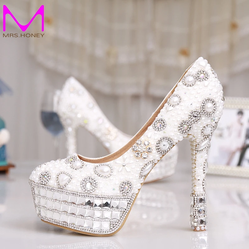 White Pearl Bridal Shoes Women Evening Party Dress Shoes Wedding Pumps Platform Rhinestone Bling Dress Prom Shoes Free Shipping