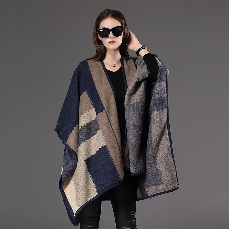 Image Brand Celebrity autumn wool Oversized sweater poncho winter cashmere plaid Knit cardigans women fashion cape cloak poncho Shawl