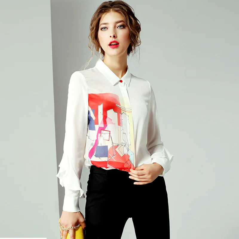 

Shirt Summer Women 2019 New 100% Mulberry Silk Printed Turn Down Collar Long Sleeves Single Button Ruffles Women Tops M-XXL