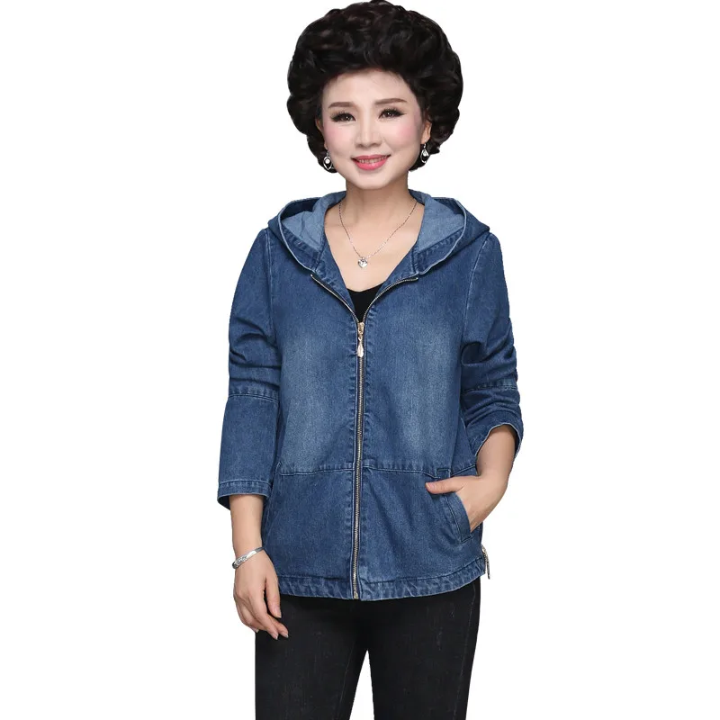 

Plus Size Middle-Aged Women Denim Jacket Spring Autumn Casual Short Denim Coat Hooded Tops 2019 Fashion Ladies Denim Coat JIA109