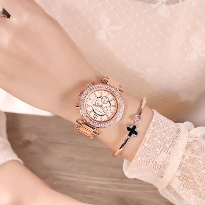 Женские часы от роскошного бренда, женские кварцевые часы из розового золота, женские стальные стразы, женские наручные часы, relogio feminino