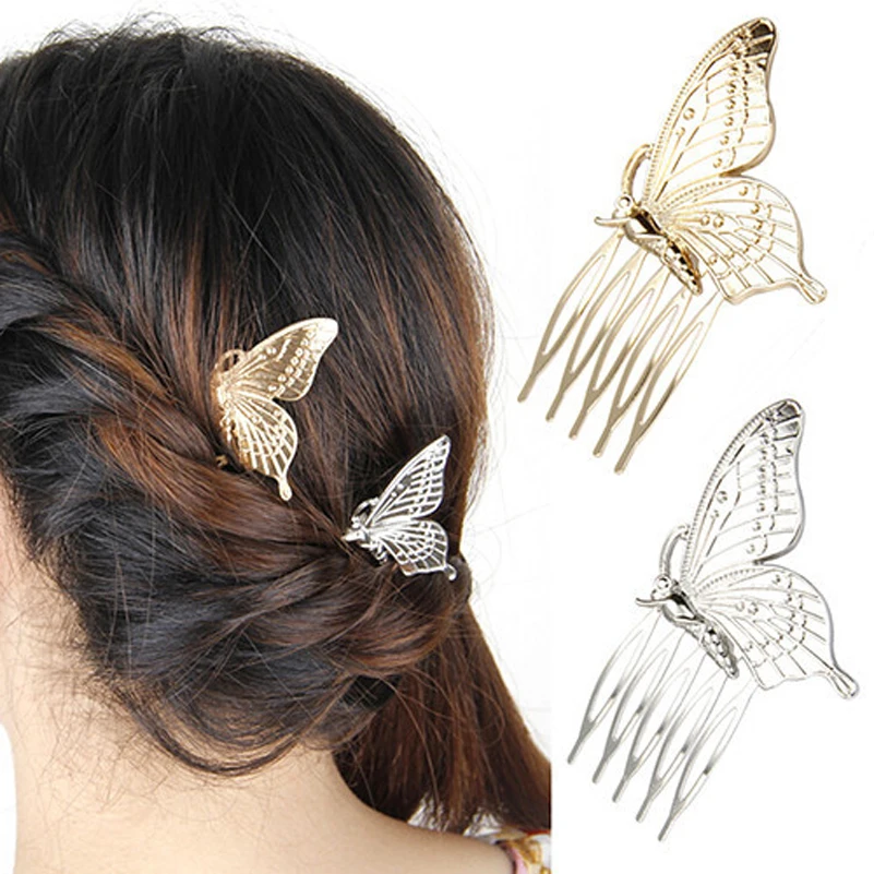 

Fashion Hair Clips Gold Silver Plated Shape Butterfly Pattern Hair Pin Clip Dress Snap Hollow Comb Jewelry