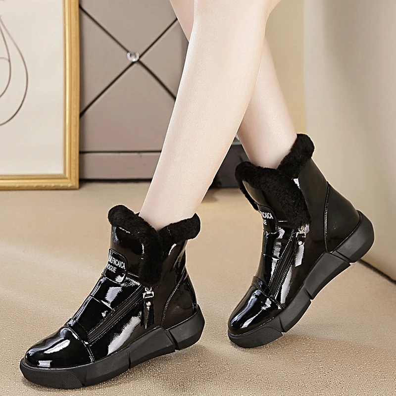 

2018 Winter Snow Boots Women Fashion Patent Leather Waterproof Platform Side Zipper Ankle Boots Leisure Sport Shoes For Female