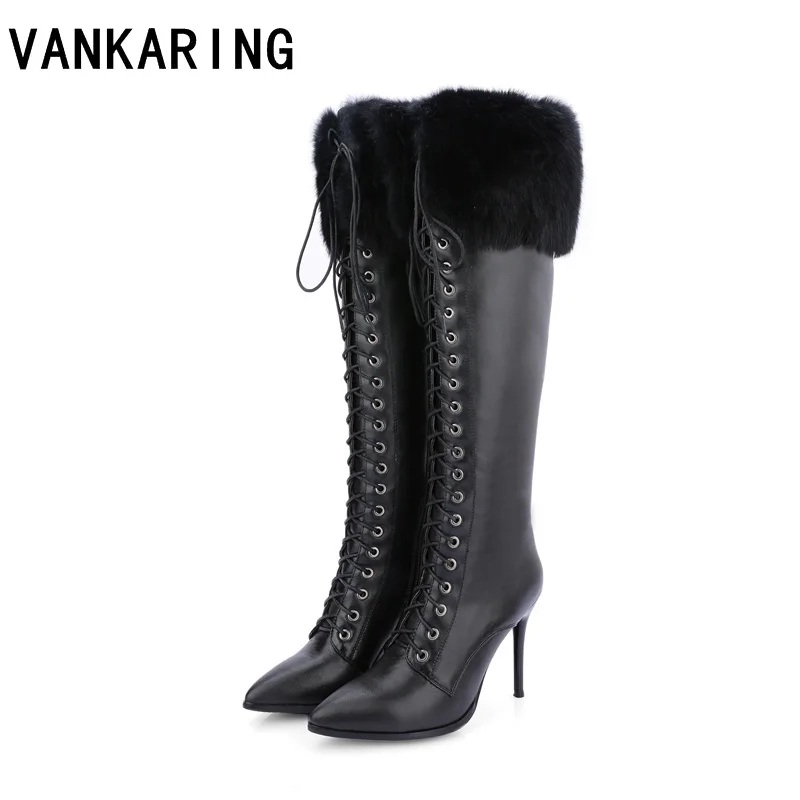 

VANKARING brand women boots autumn winter leather boots super high heel warm fur short plush shoes soft genuine snow boots woman