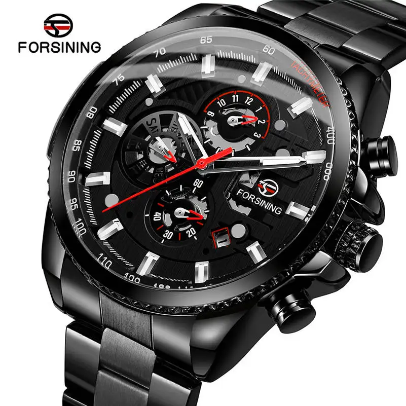 

Relogio masculino Forsining Brand watch men Dashboard Three Eyes Six Needle Automatic Mechanical Men's Steel Belt Watch 661CCM4