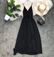 GLAUKE Sling black dress summer 2020 female dress vestido feminino Long Dresses Boho V-Neck Sleeveless Party Beach Maxi Dress maxi cami dress with fringing black