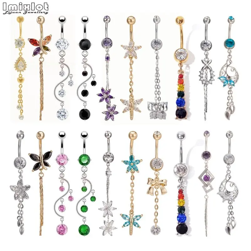1PC Surgical Steel Dangle Flower AAA CZ Zircon Crystal Navel Bell Button Rings Sexy Piercing Body Jewelry Various Styles | Украшения и