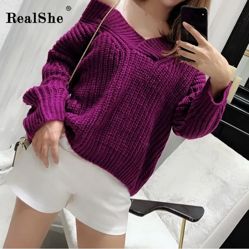 

RealShe New Women Sweaters V-Neck Long Sleeve Pullovers Loose Knitted Sweaters Women Autumn Winter Elegant Warm Loose Sweater