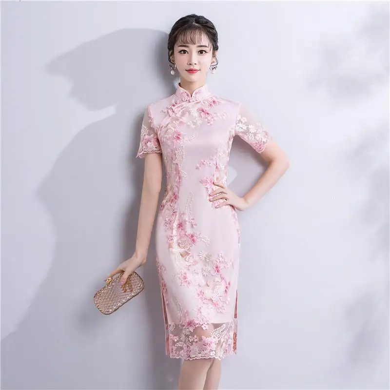 Традиционное китайское женское платье воротник стойка Мини Qipao вышивка цветочный элегантное для девочек Cheongsam Vestidos S M L XL XXL - Цвет: Style 1