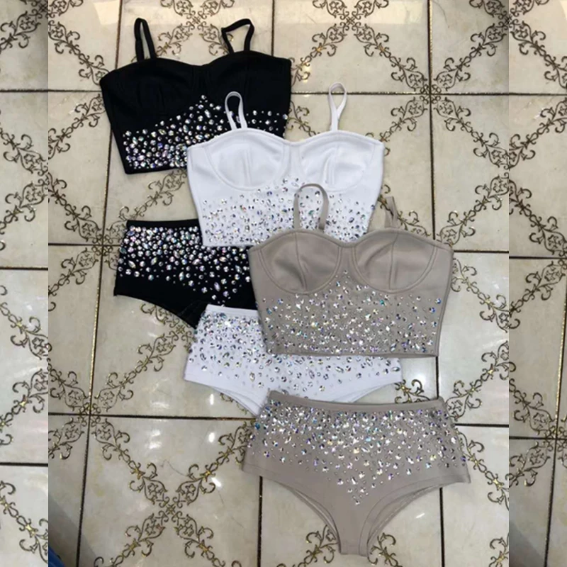 

2018 Women Summer Sexy Beading Two 2 Pieces Sext Black White Beige Bandage Bodysuit Solid Spaghetti Strap Beads Clubwear Festa