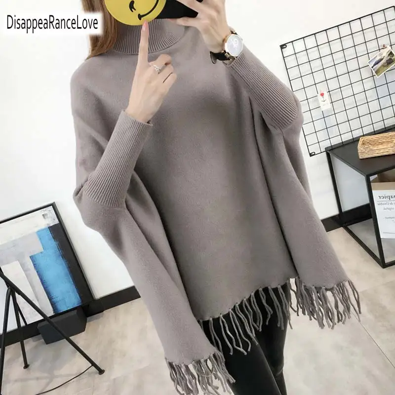 

2019 Winter Women Loose turtleneck sweater Overwear Coat Knitted Cotton Poncho Capes lattice Shawl Cardigans Sweater With Tassel