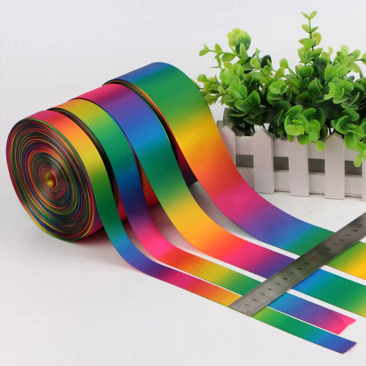 single/double side heat transfer printed rainbow ribbon gradual changing color satin ribbon different width available 50yard lot