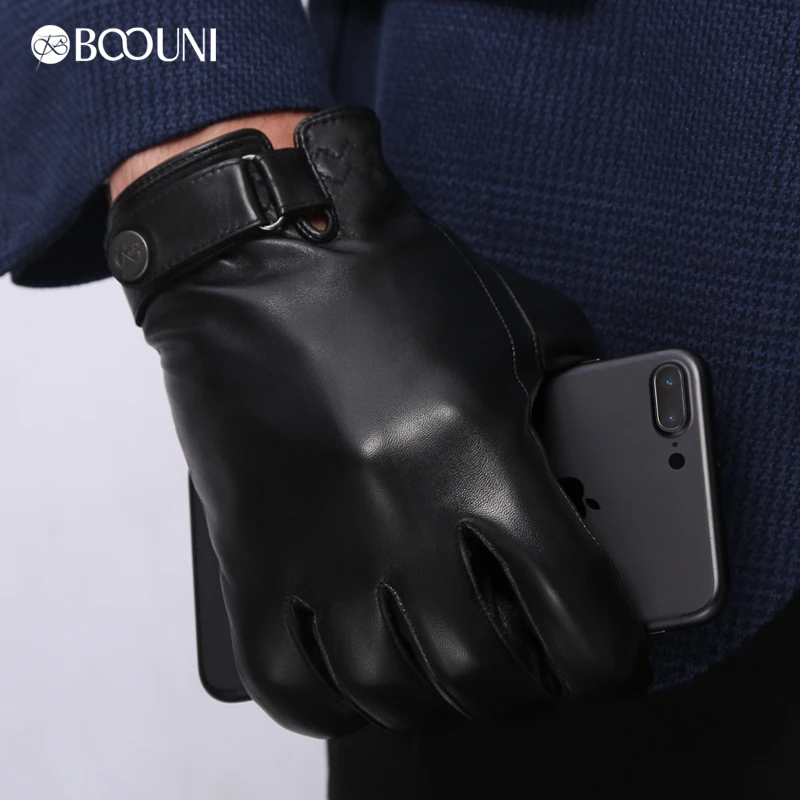 NEW Genuine Leather Gloves Male Winter Keep Warm Plush Lined Sheepskin Gloves Fashion Black Wrist Buckle Driving Mittens NM182