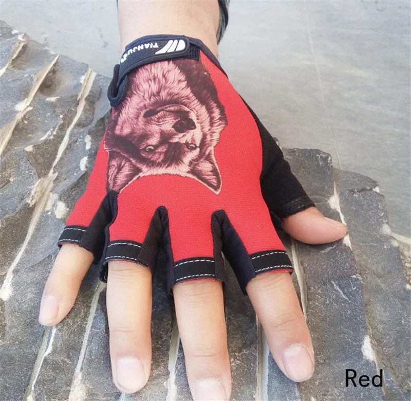Новинка, спортивные перчатки без пальцев, варежки на пол пальца для мужчин и женщин, с рисунком волка, для тренажерного зала, тренировки, guantes eldiven G-75 - Цвет: Red