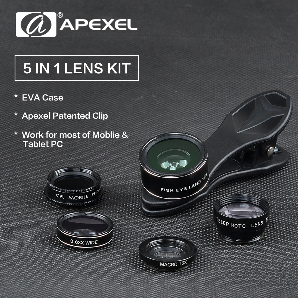 

APEXEL 5in1 Phone Camera Lens Kit 2X Telephoto Lentes Fish Eye Wide Angle Macro CPL Lenses For iPhone 6 7 8 X Samsung Smartphone