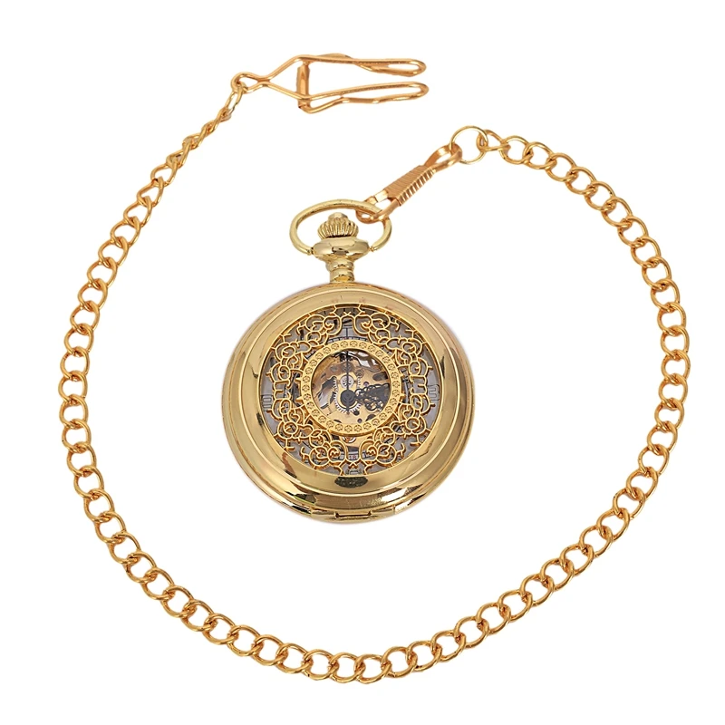 

Retro Steampunk Mechanical Pocket Watch Bronze Flower Engraved Fob Chain Package Men Women Flip Watches Skeleton Clock-Gold