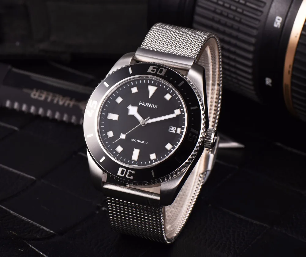 45 мм Parnis автоматические часы Керамические механические часы Bracelt застежка светящаяся 100 м Diver водонепроницаемые часы в морском стиле