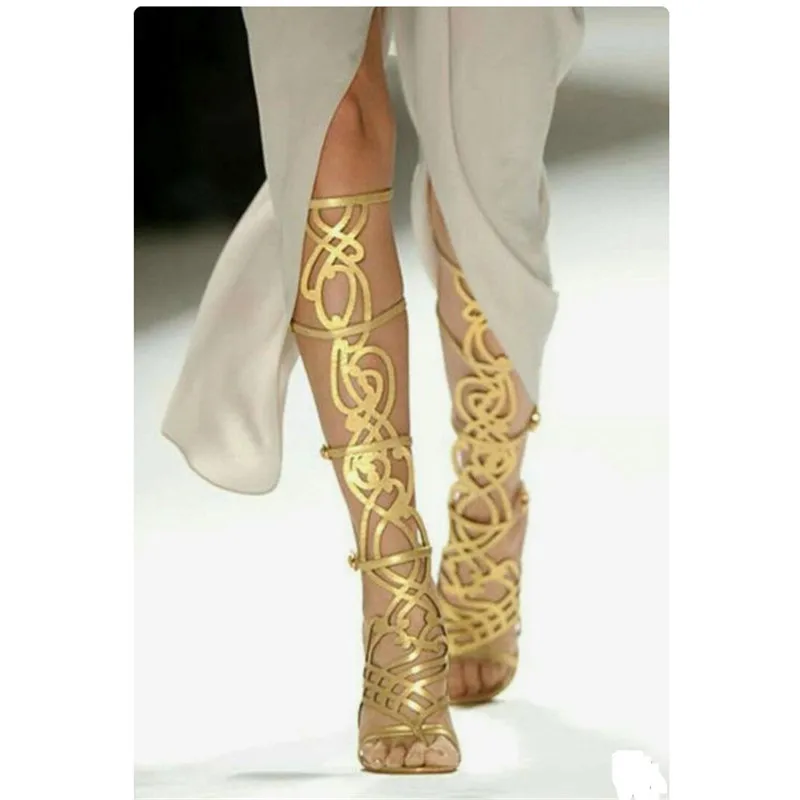 

Runway Gold Open Toe Cutouts Knee High Boots Summer Designer Gladiator Women's Sandals Boots Luxury High Heels Party Shoes Woman