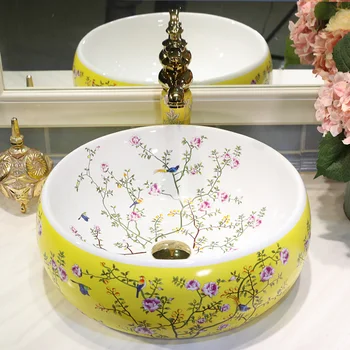 

Europe Vintage Style Art Countertop Basin Sink Handmade Ceramic Bathroom Vessel Sinks Vanities bathroom sink bowl bird flower