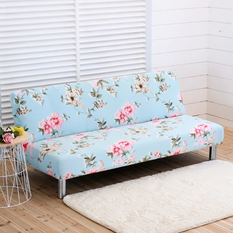 

Blue Armless Flowers Sofa Bed Covers Home Decor Slipcovers For Couch Sofa Bed Without Armrest Elastic All-inclusive Cover Tight