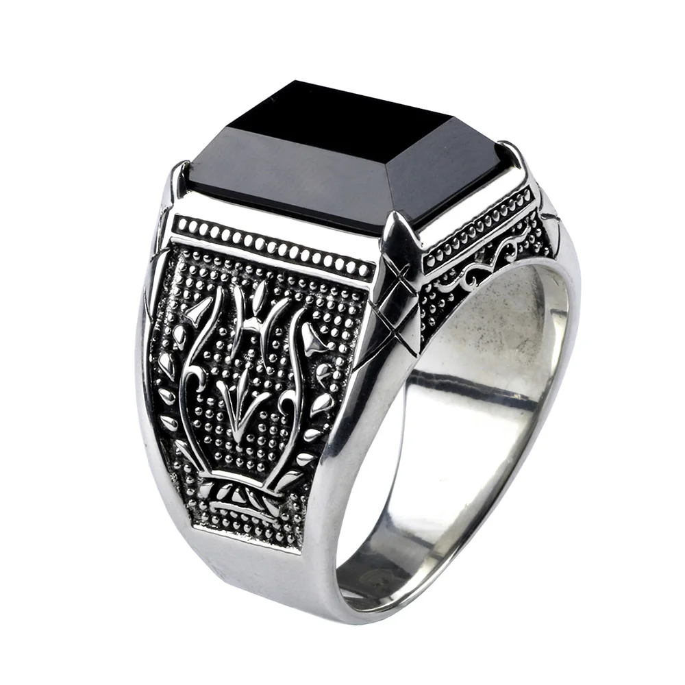 Comprar Real puro 925 anillos de plata para hombres con ónix negro anillos de piedra natural Retro flor grabado clásico punk rock joyería