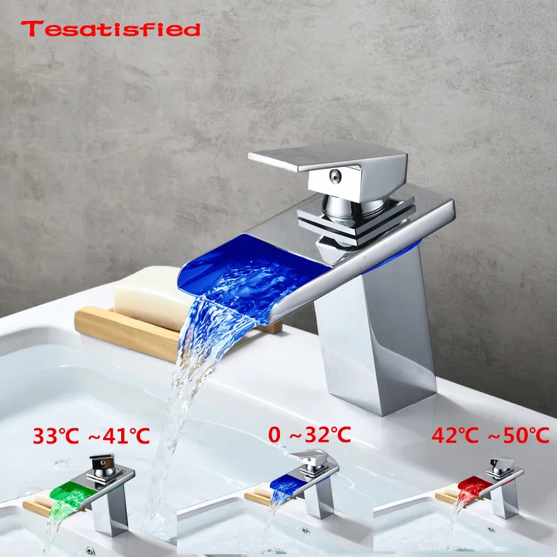 

Bathroom Faucet with LED light Waterfall Brass Led Tap Basin Faucet Bathroom Deck Mounted Basin Sink Mixer Tap LED Will Change