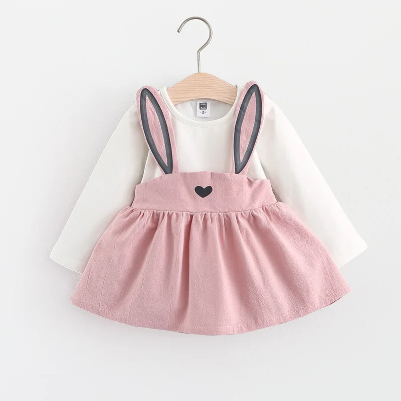 Одежда для маленьких девочек; платье с кроличьими ушками; платье на бретелях с имитацией кроличьих ушек; Осенние костюмы с длинными рукавами для девочек; одежда