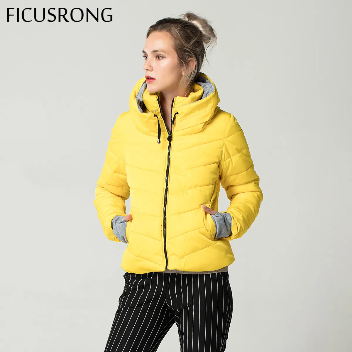FICUSRONG Women Autumn Winter Jacket Stand Collar Cotton Padded Slim Hooded Female Basic Jacket Outerwear Coat casaco feminino