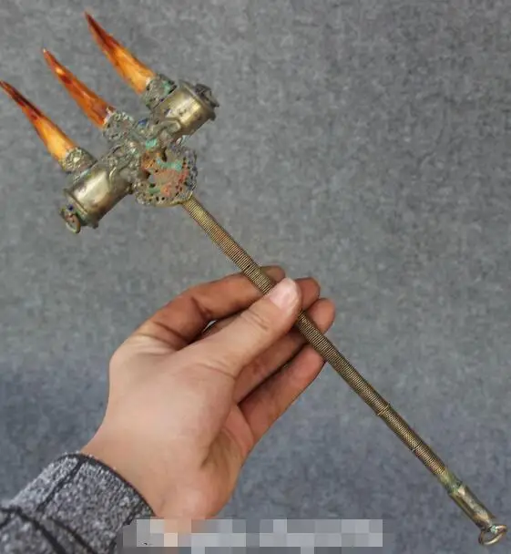 

Old Chinese Bronze Beast Tooth Teeth Shape Phurba Holder Faqi Rake Rakes Statue