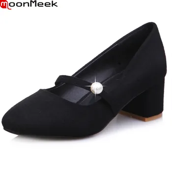 

MoonMeek 2020 new fashion round toe pumps women shoes high heels flock with buckle square heel black pink colour woman shoes