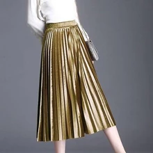 Весна осень модные женские эластичные с высокой талией зеленый золотой серебряный черный бархат Длинная юбка, женские плиссированные велюровые юбки