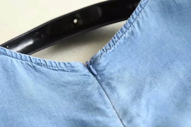 embroidery soft jeans dress women short sleeves casual knee length summer denim dresses cotton cute light blue o-neck fashion