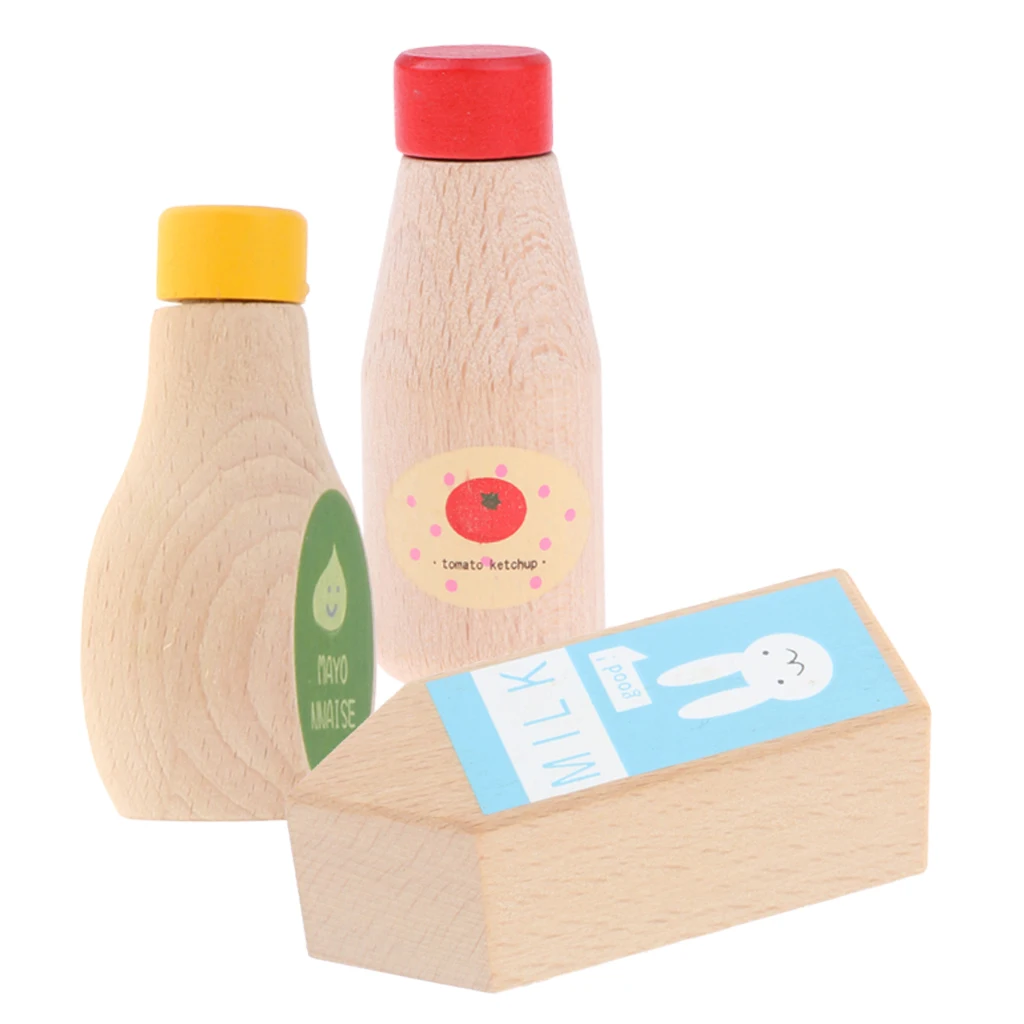 3pcs Wooden Ketchup Tomato Mayonnaise Milk Bottle - Kitchen Cooking Pretend Play Game Kid Child Developmental Toys