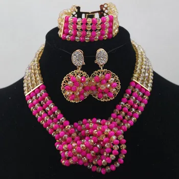 

Pretty Chunky Pink African Party Beads Jewelry Set Dubai Gold Women Costume Jewelry Set 2017 New Free Shipping WD378