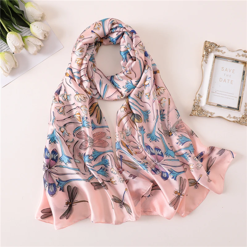 

2019 women silk scarves lady pashmina hijab scarf long size pink color print foulard bandanas female sunscreen