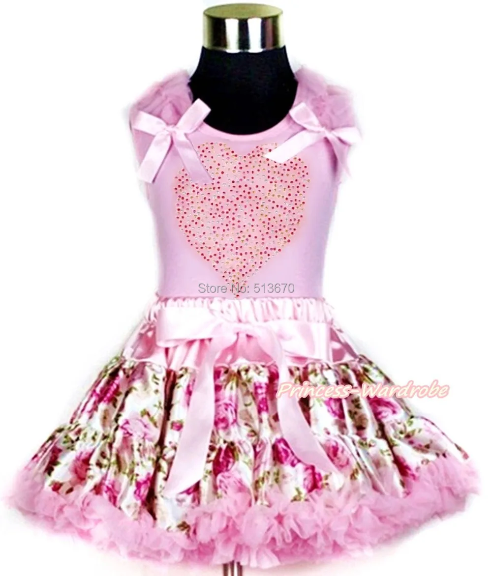 

Valentine Rhinestone Heart Light Pink Ruffle Bow Top Floral Rose Skirt Set 1-8Y MAPSA0188