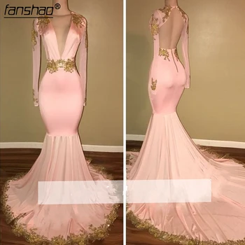 

Pink 2019 Prom Dresses Mermaid Deep V-neck Appliques Lace Backless Party Maxys Long Prom Gown Evening Dresses Robe De Soiree