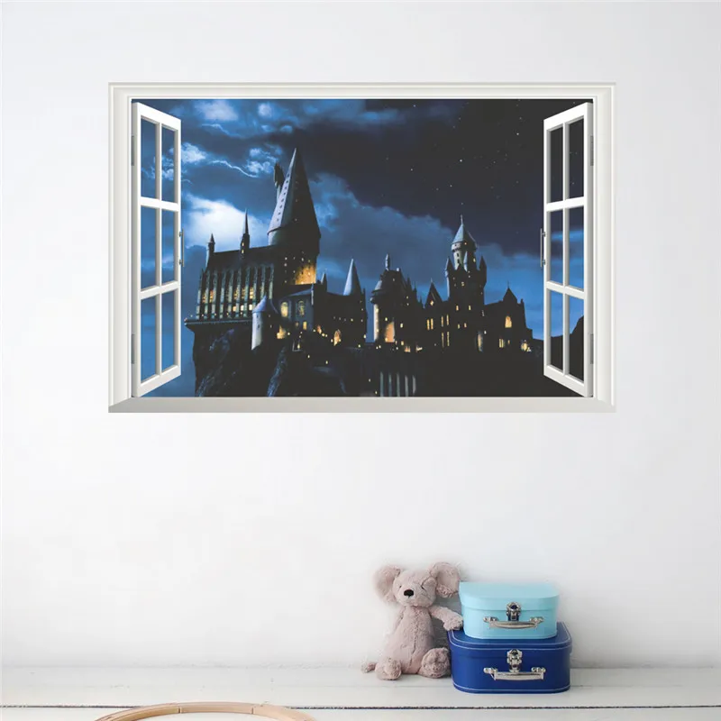 3d оконная Настенная Наклейка с изображением замка, наклейка Гарри Поттера, ПВХ Наклейки на стены, плакат, Фреска, искусство, домашний декор