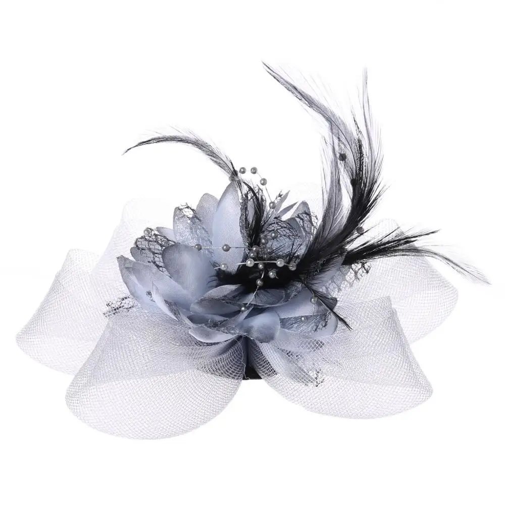 Womens Flower Feather Beads Mesh Corsage Hair Clips Fascinator Bridal Hairband - Цвет: GY