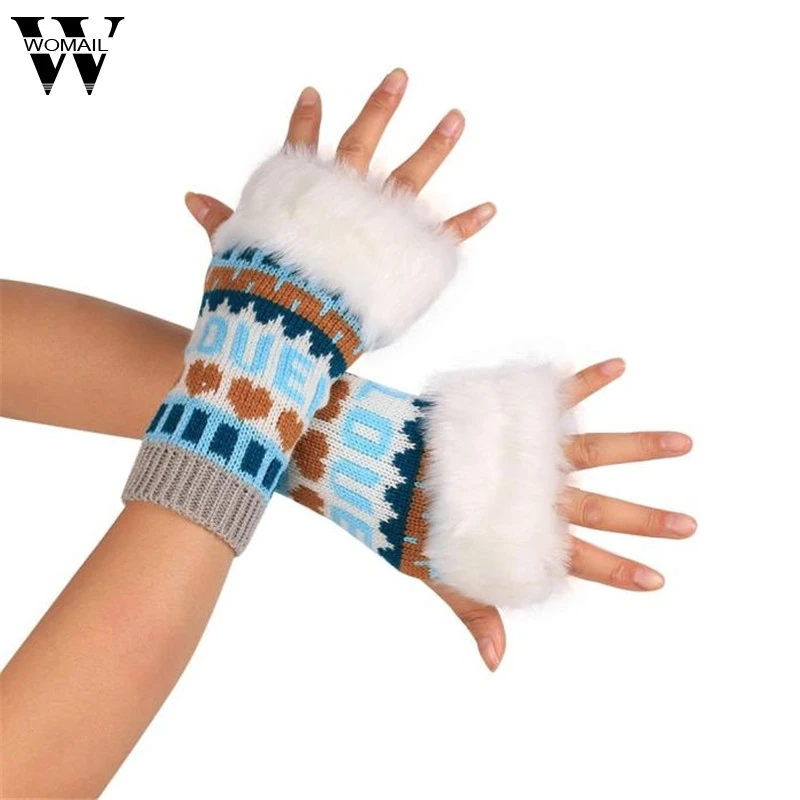 

Fashion Winter Knitted Faux Fur Fingerless Gloves Women Wrist Warmer Mittens Amazing Sep6 New