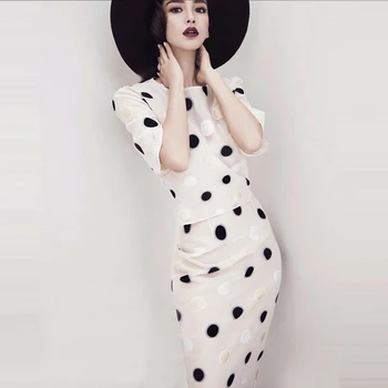

Classic Designing Elegant Women Polka Dots Twin Sets O-neck Blouse Slim Straight Skirt Print Skinny Two Pieces Sets Chic Suits