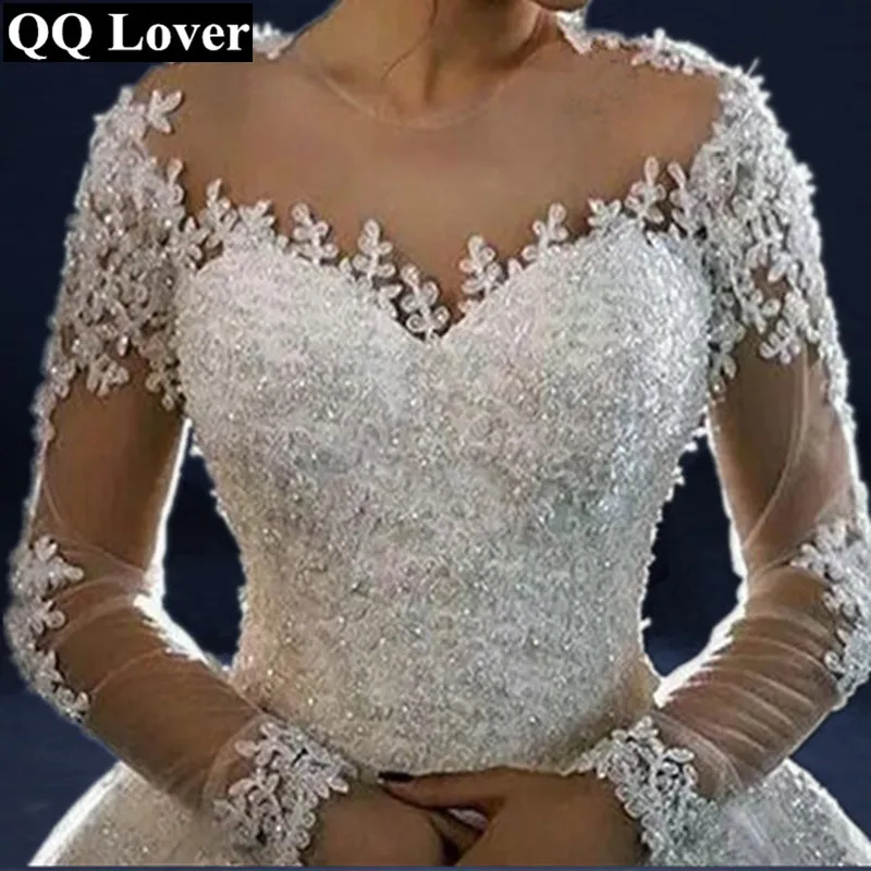 

QQ Lover 2019 The Latest Skin Color Illusion Long Sleeves Lace Vestido De Noiva Bride Gown Custom-made Plus Size Wedding Dresses