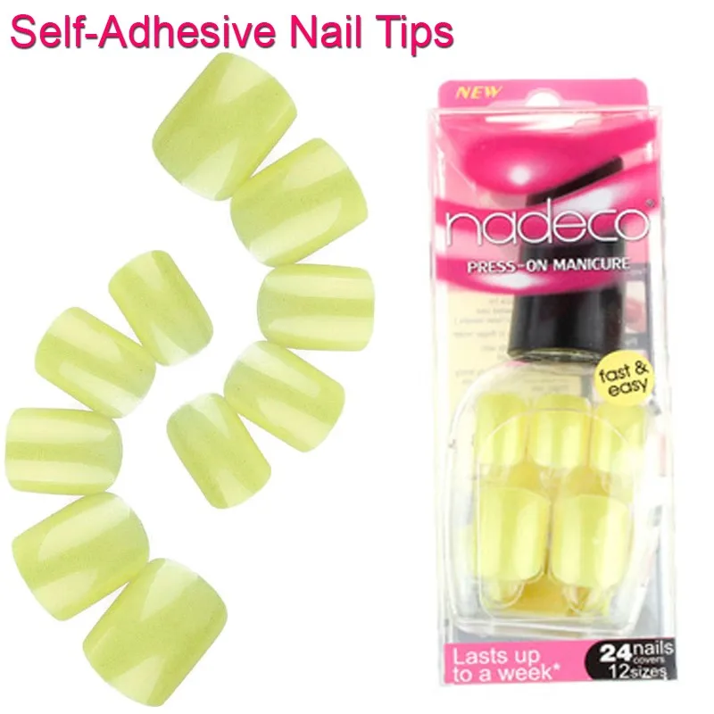 24pcs Full Cover Matt Yellow Self Adhesive Fake Nail Tips Lemon Beige
