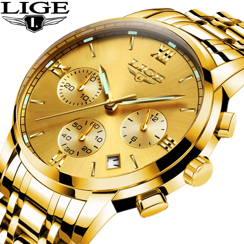 

LIGE Watches Men Luxury Brand Chronograph Men Sports Watches Waterproof Full Steel Quartz Watch Man Gold Clock Relogio Masculino